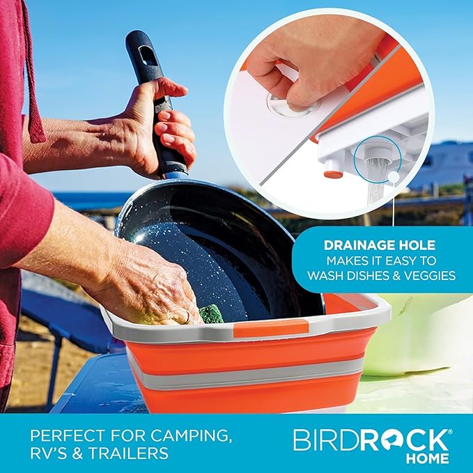 BIRDROCK HOME 2-pack Collapsible BBQ Prep Tub w/Cutting Board, Multi-Function Grill Caddy w/Colander & Lid, Portable Silicone Dish Bowl for Picnic, Tailgate, Camping (Orange, X-Large)