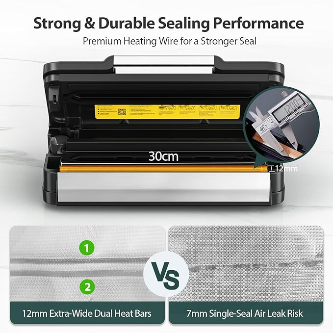 95kPa Vacuum Sealer Machine with AquaLock Technology, for Moist Seals, 2X Seal & 130W, Fully Automatic Food Sealer, Built-In Cutter, Bag Storage & Hose, Precision Sealing, 2 Bag Rolls,Stainless Steel