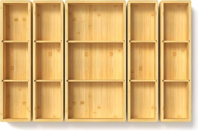 5 pieces Bamboo Drawer Organizer, Adjustable 3 Individual Junk Drawer organizer for Bathroom and Kitchen, Wood Drawer Organier Boxes for Jewellery, Make up and Tea Bag