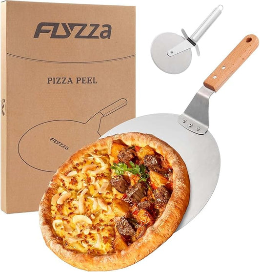 12 Inch Stainless Pizza Peel with Pizza Cutter, Pizza Spatula with Ergonomic Long Wood Handle for Pizza Oven Baking, Turing Peel for Pizza, Dough, Bread Pastry