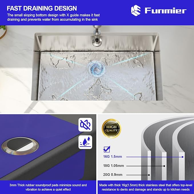 30 Inch Undermount Kitchen Sink - 30 x 18 Kitchen Sinks Undermount 16 Gauge Single Bowl Stainless Steel Under Mount Handmade Basin with Offset Drainer