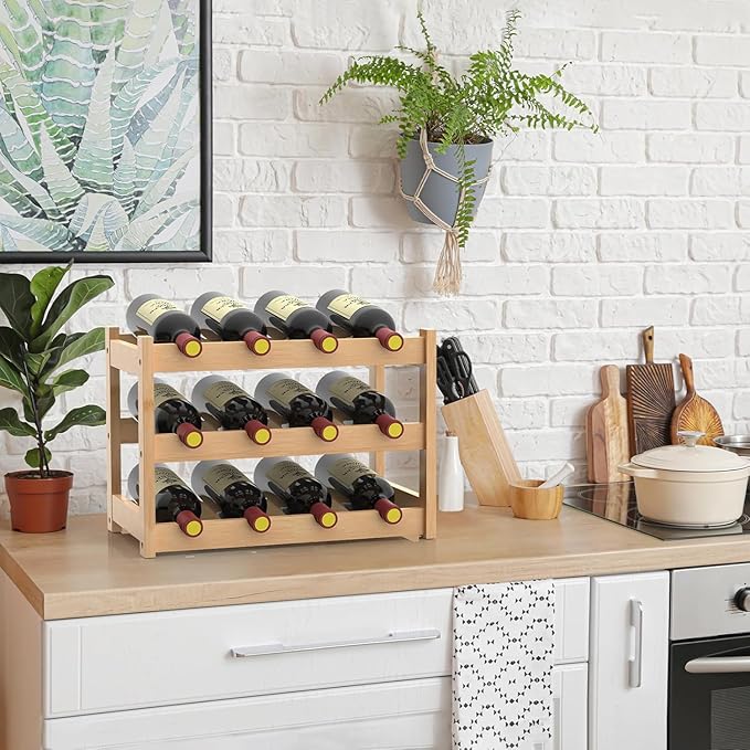 3 Tier Bamboo Wine Rack for Countertop, 12 Bottles Wine Storage Shelf for Kitchen Pantry Cabinet