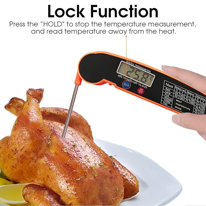 Digital Meat Thermometer for Grilling Instant Read Food Thermometer for Cooking and Baking Kitchen Turkey Temperature Probe for Deep Fry Grill BBQ Baking Frying - Orange