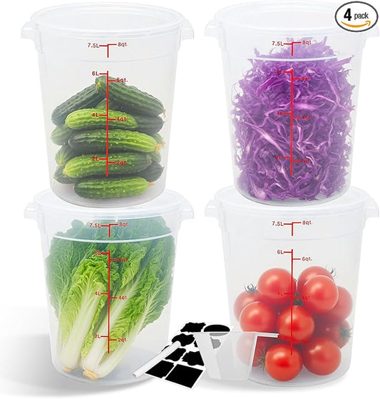 4 Pack 8QT Round Food Storage Containers with Lids, BPA-Free Polypropylene NSF Commercial Food Container, with Labels & Measuring Cup