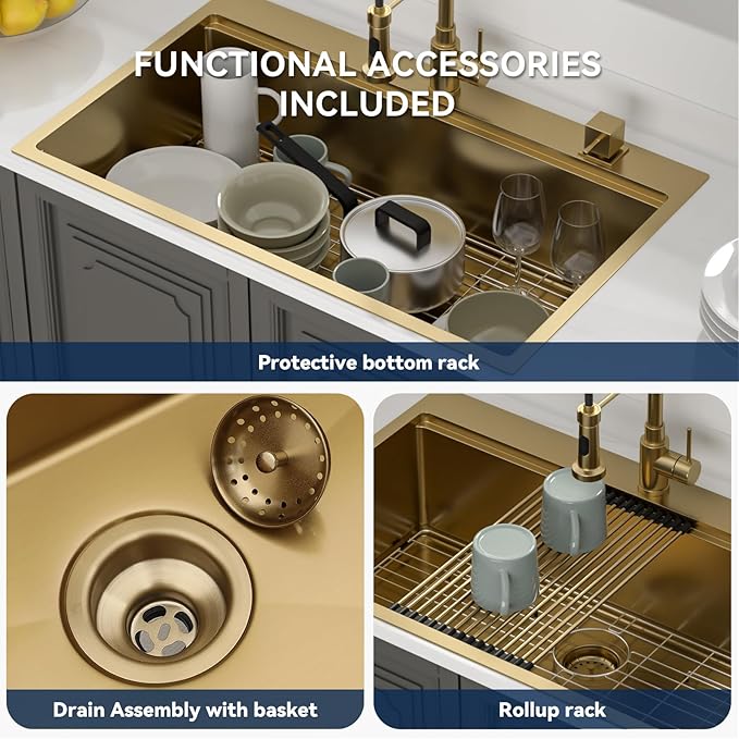 Lordear 36 Inch Gold Kitchen Sink Drop In Workstation Brushed Gold Stainless Steel 16 Gauge Single Bowl Handmade Topmount Kitchen Sink with Cutting Board