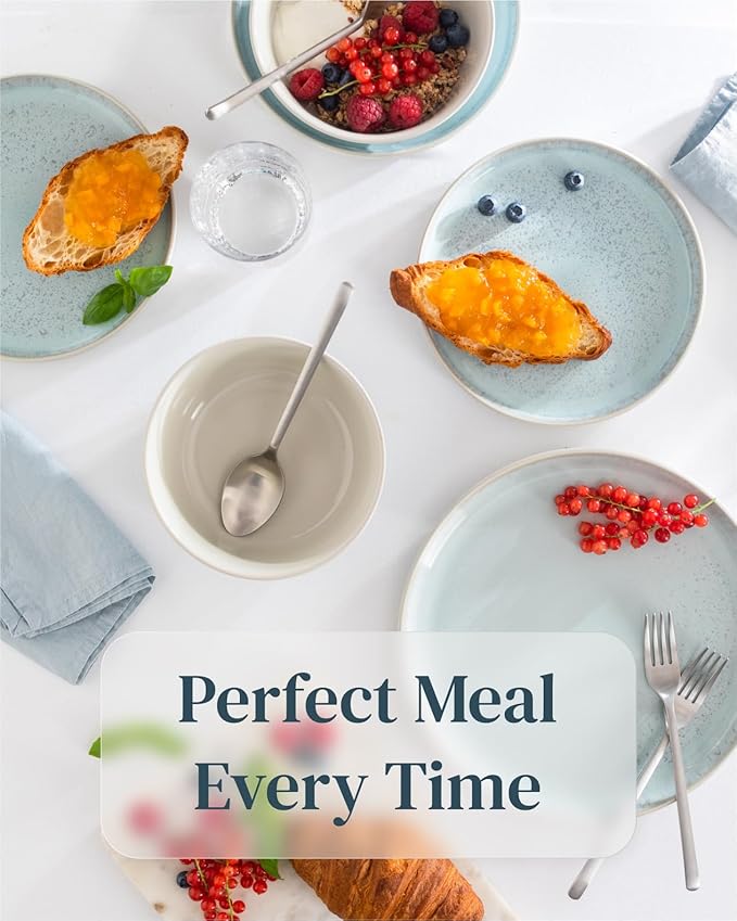 Stoneware dinnerware set 4 persons 12 pcs – Modern style plates and bowls set ceramic – Dishwasher, microwave and scratch resistant – Bowl and plate set – Dinner service Pure Living beige & light blue