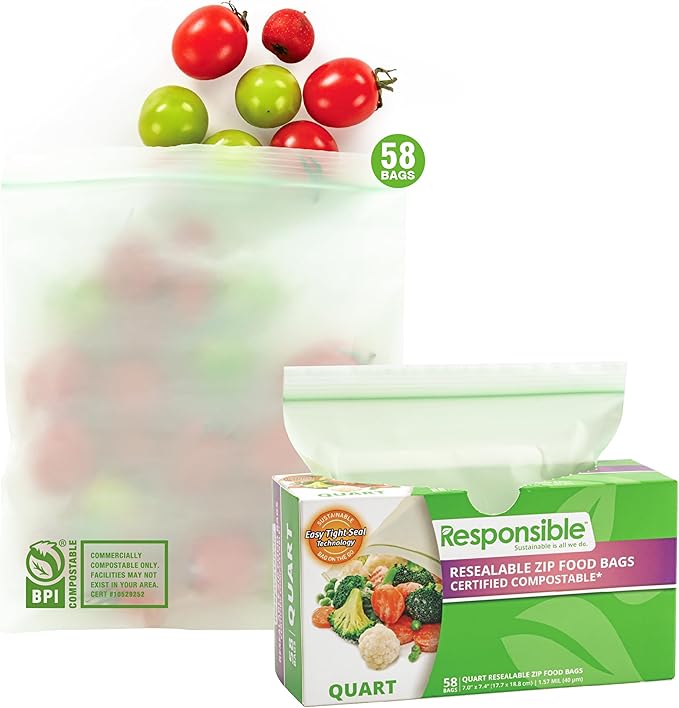 Certified Compostable QUART Resealable Zip Bag, Extra Strength Food Bags, Plant-Based Freezer-Safe (58 Pack)