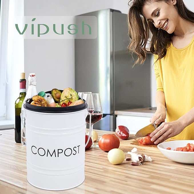 Vipush Compost Bin with Lid Small Countertop Compost Bin includes Inner Liner & 3 Charcoal Filters, White