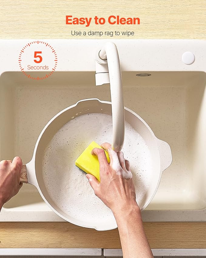 VEVOR 19 Piece Pots and Pans Set Nonstick, Granite Cookware Set, Induction Cookwares, Kitchen RV Cooking Sets with Frying, Sauce, Saute, Tempered Glass Lids, and Pan Protectors, White