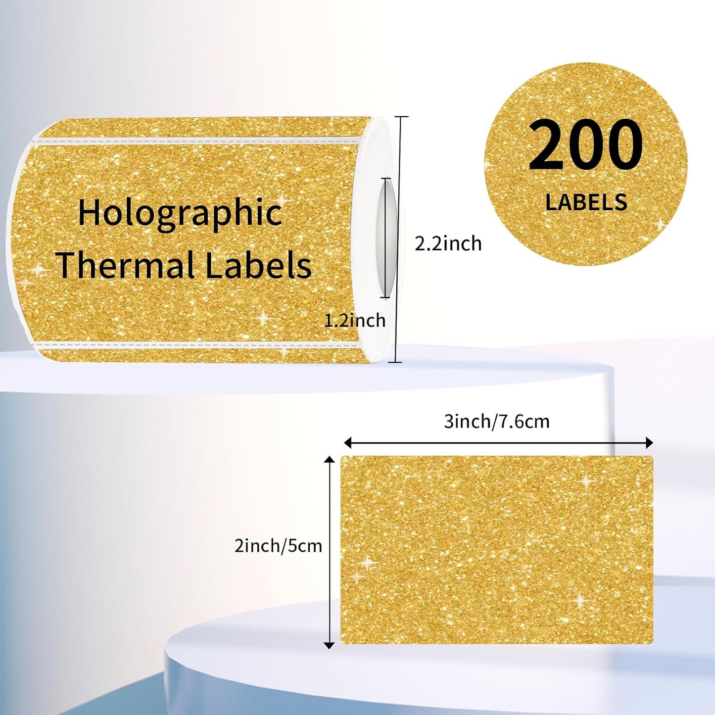 3x2 Inch Holographic Thermal Labels, Shiny Gold Thermal Sticker Labels, Rainbow Glitter Stickers for Price, Barcode, Mailing, Name, DIY Custom Logo Design, 200 pcs/1 Roll