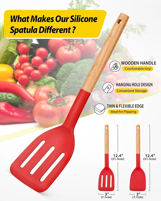 Pack of 2 Silicone Cooking Spatula, Heat Resistant Solid Turner, Non Stick Slotted Spatulas with Wooden Handle,Ideal Wood Kitchen Utensils Set for Frying, Baking, Flipping, Turning (RED)