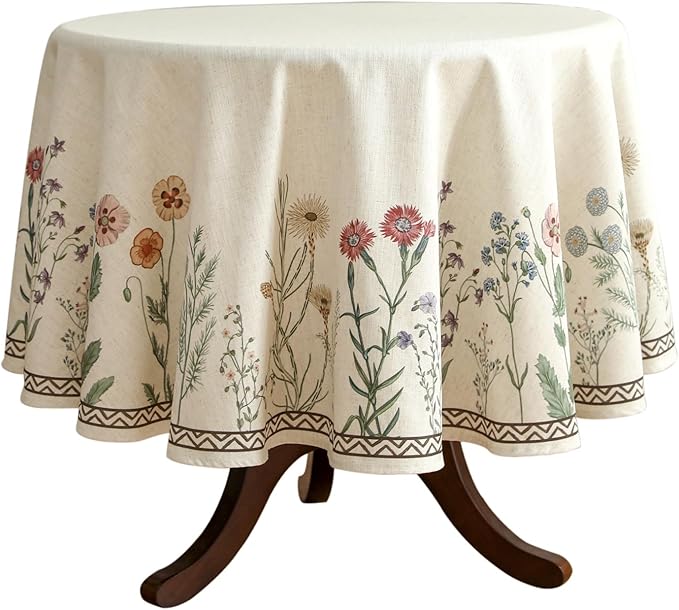 Floral Tablecloth for Round Tables,Linen Table Cloth with Colorful Flowers Pattern,Heavy Durable Table Cover for Dining Thanksgiving Kitchen Decor Party Christmas,Diameter 55"