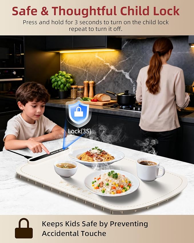 Warming Mat for Food, Upgraded Fast-Heating Electric Warming Tray with 7 Temp Levels & 8 Timers, Buffet Raised Feet & Rollable Silicone Heat Pad, Portable Food Warmer for Home, Party & Travel (Beige)