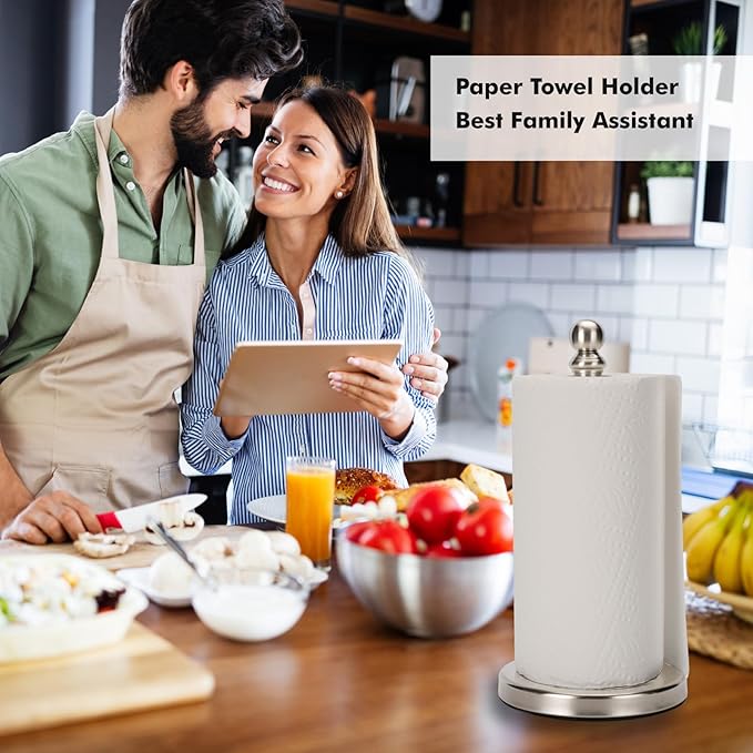Paper Towel Holder Countertop with Weighted Base, One-Handed Design No Tipping Over, Stainless Steel Paper Towel Holder Stand in Brushed Nickel Finish