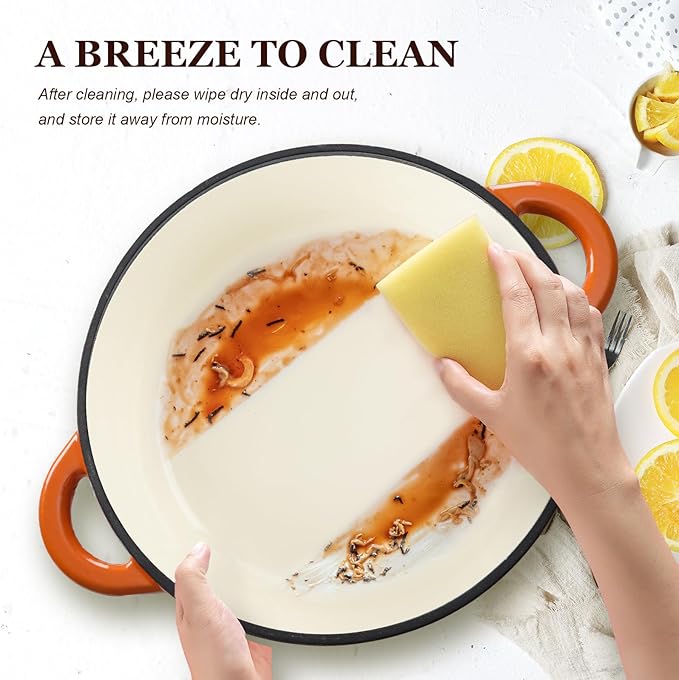 Overmont Enameled Cast Iron Dutch Oven - 5.5QT Pot with Lid Cookbook & Cotton Potholders - Heavy-Duty Cookware for Braising, Stews, Roasting, Bread Baking orange