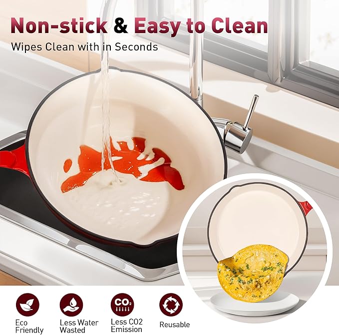 DishDelight Enameled Cast Iron Cookware Set, 7 Piece Set of Dutch Ovens, Sauce Pan, Skillet, 3 Lids, Ceramic Coated Cast Iron Dutch Oven Set, Pots and Pans Set Nonstick, Red