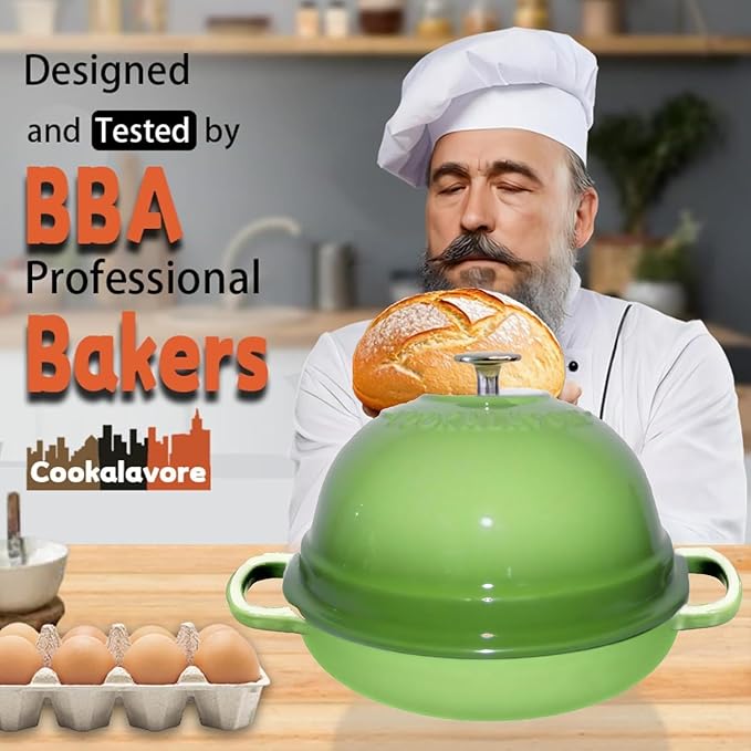 Dutch Oven for Bread Baking,6 Quart Enamel Bread Oven for Sourdough,10.5"Bread Oven with Lid,Bread Pans for Homemade Bread,Green Thick Enamel Bread Pan-with Silicone Baking Mat&Recipe,Gifts for Family