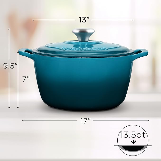 Signature Enameled Cast Iron Dutch Oven, Non-Stick Serving Pot with Tight Fitting Lid for Perfect Roasting, Baking, Sauteing, and Bread Making | 13.5Q (12.7L) - Ocean Blue
