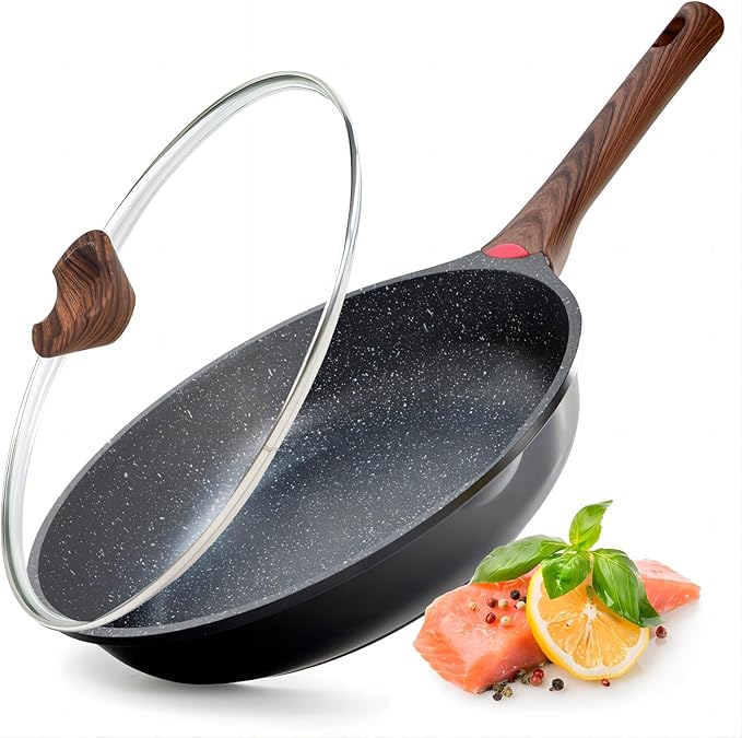 Nonstick Frying Pan Skillet with Lid, 12 in No Stick PFOA-Free Granite Coating Chef's Pan, Large 30 cm Cooking Pans for Family, Gift Cookware Set for Gas Stove, Induction Top