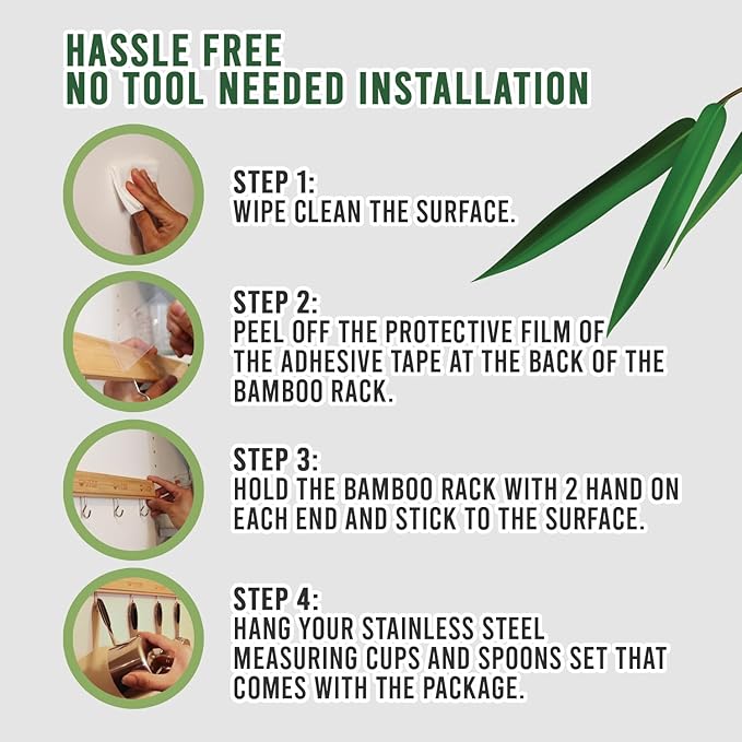 Premium Culinary Precision Bundle: Includes Two 100% Natural Bamboo Hanging Rack Organizer and 9-pc Stainless Steel Measuring Cups and Spoons Set