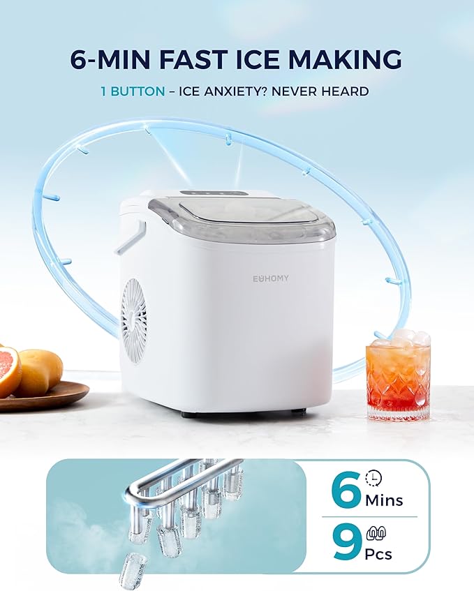 EUHOMY Countertop Ice Maker Machine with Handle, 26lbs Per Day, 9 Ice Cubes Ready in 6 Mins, Auto-Cleaning Portable Ice Maker with Basket and Scoop, for Home/Kitchen/Camping/RV (White)