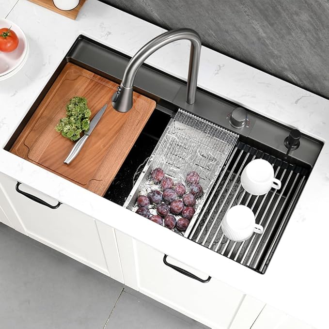 33 Undermount Kitchen Sink with Faucet, 33x19 Black Stainless Steel Workstation Undermount Waterfall Kitchen Sink Dual Mount Pull Down Sprayer Faucet