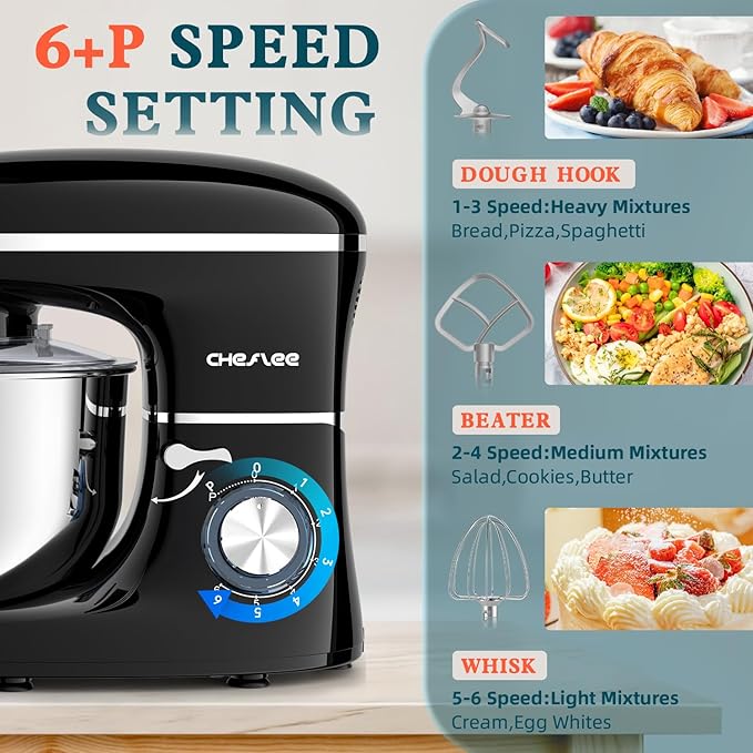 CHeflee Stand Mixer,660W 6+P With 6.5QT Stainless Steel Bowl,Dough Hook, Wire Whip & Beater,for Most Home Cooks,Black