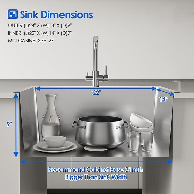 24x18x9 Inch Drop in Kitchen Sink, Handmade 304 Black Stainless Steel Single Bowl, Centre-Offset Drain, R10 Tight Corner, Topmount Kitchen Sink with Strainer & Bottom Grid