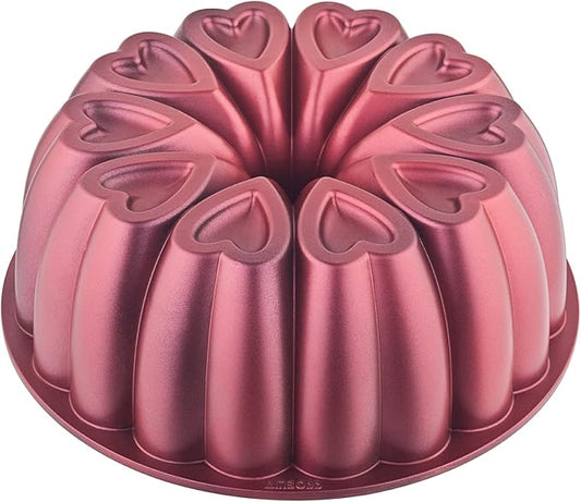 Heart Shape Cast Aluminum Molded Cake Pan, Titanium Coating, Non-Stick, 12 Cups, Heavy Duty, 10 Inch Pound Pan intended for Bundt Cakes, Gifts for Mom, Fluted Tube Pan, Easy to Clean (Red)