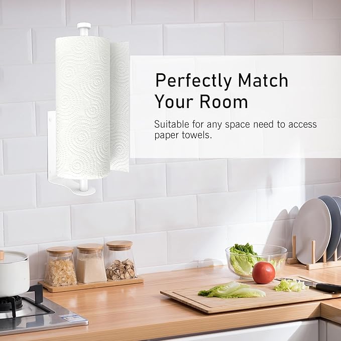 SetSail Paper Towel Holder, Paper Towel Holder Under Cabinet with Adjustable Damper Easy Tear Wall Mount Self-Adhesive or Drilled for Kitchen Bathroom, White