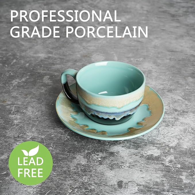 Bosmarlin Ceramic Cappuccino Cup and Saucer Set of 2, 10 Oz, Dishwasher and Microwave Safe, Coffee Cups for Latte, Espresso, Tea, Reavtive Glaze (Pastel Blue, 10 oz)