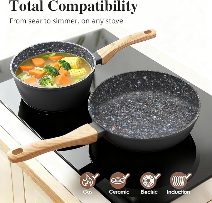 2-Piece Nonstick Cookware Set, 10.25 Inch Frying Pan & 1.43QT Saucepan with Lid | PFAS & PFOA Free Non-Toxic Coating | Induction Compatible, Dishwasher Safe | Pots and Pans Set for Beginner Kitchen