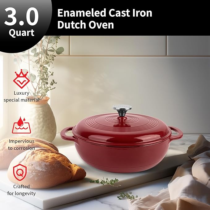 Enameled Cast Iron Dutch Oven Pot with Lid, 3 Quart Shallow Dutch Oven, Oven Safe up to 500° F, Suitable for Bread Baking, Braising, Roasting, Stews, Red
