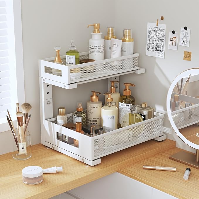 2-Pack Under Sink Storage Organizer, Large 2-Tier Elegant Mesh Pull Out Shelf for Kitchen and Bathroom Cabinet Organization, L-Shaped and Adjustable Height Design for Maximum Space Efficiency-White