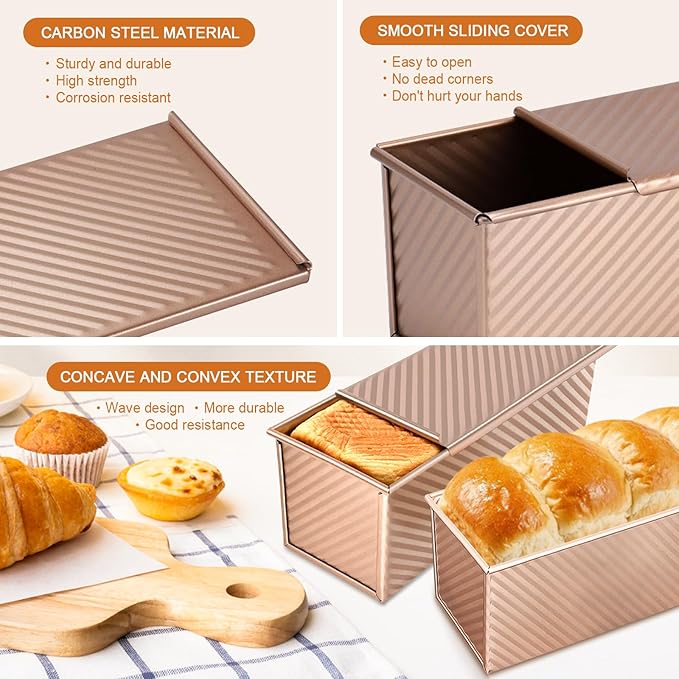 Pullman Loaf Pan with Lid, Non-Stick Carbon Steel Bread Pan for Homemade Sandwich & Sourdough Bread, 1lb Dough Capacity, Corrugated Toast Box Mold, Gold