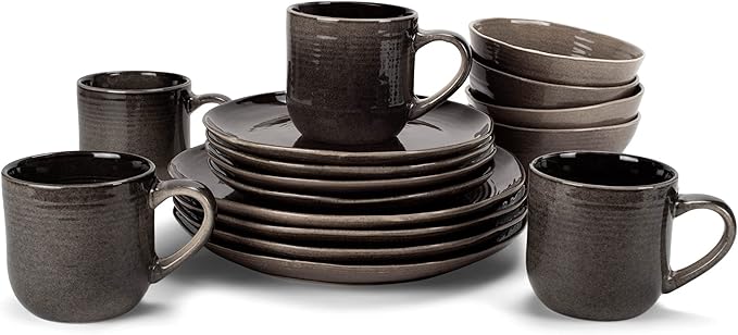 Elanze Designs Reactive Glaze Farmhouse Rustic Boho Ceramic Stoneware Dinnerware 16 Piece Plate Bowl Mug Dish Set - Service for 4, Mocha Grey Ombre