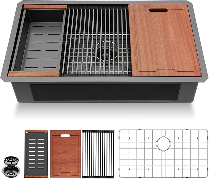 Lordear 33 Black Kitchen Sink Undermount Honeycomb Nano Finish 16 Gauge T304 Stainless Steel Single Bowl Workstation Sink with Cutting Boards Handmade