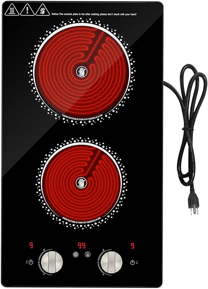 2 Burner Electric Cooktop - 12 Inch Electric Stove Top with Plug, 2100W Countertop Burners & Built-In Stove Top, 9 Levels of Power, Knob Control, Timer & Kid Safety Lock, Residual Heat Warning