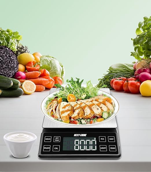 NEXT-SHINE Food Kitchen Scale 11lb, 0.1g/0.01oz Precise Graduation Rechargeable Digital Scale with Nine Units Large Tray Stainless Steel Platform LCD Display for Meal Prep Cooking Baking