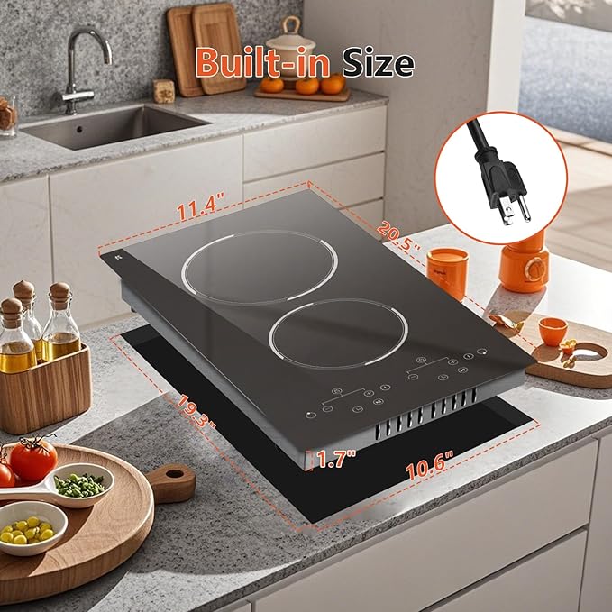 2 Burner Electric Cooktop, 12 Inch Built-in & Countertop Electric Stovetop, Ceramic Cooktop with Touch Control, Child Safety Lock, Timer, Pause Function, 9 Power Levels, 110V - 120V Plug in