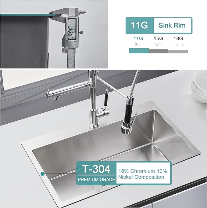 28 inch Drop-in Kitchen Sink, Topmount Kitchen Sink Single Bowl 304 Stainless Steel, 9 Inch Deep Handmade Overmount Sink with Strainer