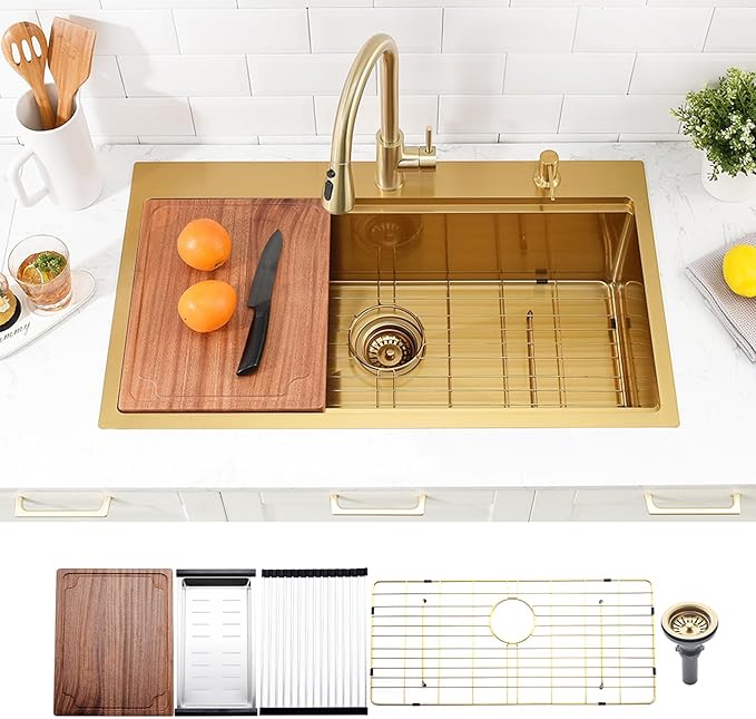 Gold Kitchen Sink, 33x19 Stainless Steel Drop in Kitchen Sink Workstation Single Bowl 16 Gauge Handmade Deep Basin
