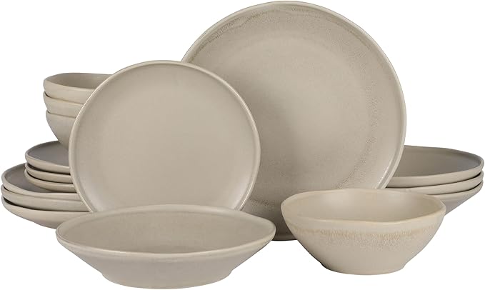 Gibson Elite Island Cove 16 Piece (Service for 4) Plates and Bowls Reactive Glaze Organic Round Dishes Stoneware Ceramic Dinnerware Set -Light Grey