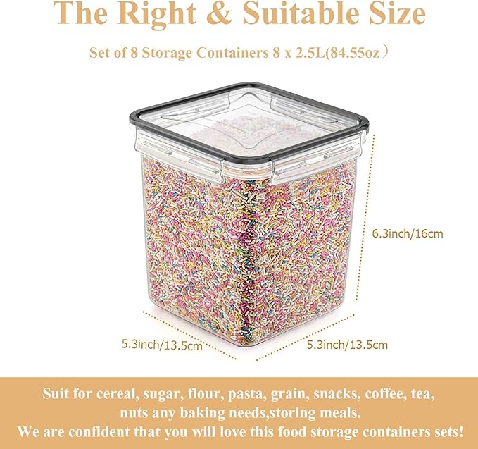 Cereal Container Food Storage Containers, Airtight Dry Food Storage Containers Set of 8 (2.5L/85oz) for Flour, Sugar, Cereal and Pantry Storage Containers with Black Locking Lids