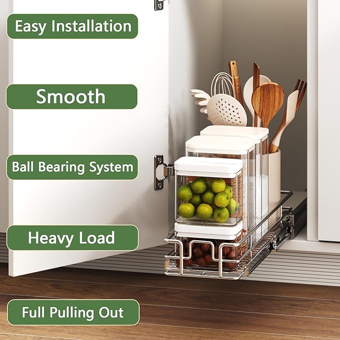 Pull Out Cabinet Organizer 7½" W x 21½" D, Heavy Duty Cabinet Pull Out Shelves, Slide Out Drawers Organization for Kitchen Cabinets Bathroom