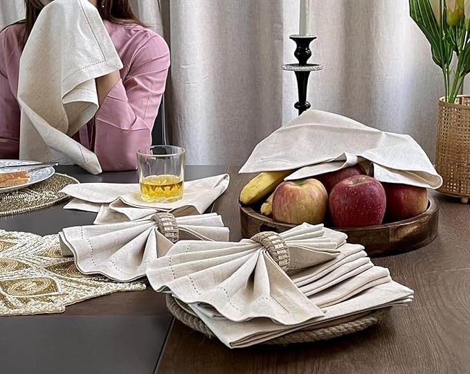 Bedding Craft Linen Flax Cotton Cloth Napkins 18x18 Set of 72 – Natural Hemstitched with Mitered Corners – Machine Washable Dinner Napkins for Weddings, Events, Parties & Cocktails (6 Dozen)