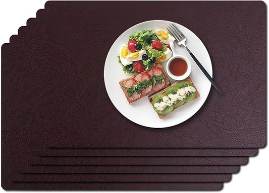 Vinyl Placemats Set of 6-12×17.7 Inch Waterproof & Heattable Placemats, Fall Faux Leather Wipeable Outdoor Table Mat for Dining, Kitchen, Indoor Outdoor Use (Coffee, Cowhide Grain)