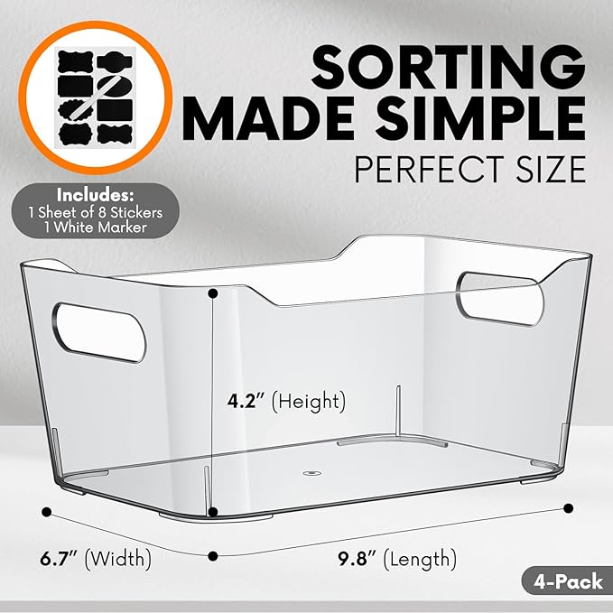 Clear Plastic Storage Bins with Labels and Marker, Perfect for Kitchen Organization or Pantry Organization and Storage, Medium Fridge Organizer and Cabinet Organizers Storage Bins