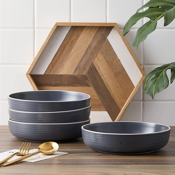 Stone Lain Lauren Stoneware, Rustic Plates and Bowls Set, Dinnerware, Service for 8, Speckled Charcoal, Dishwasher & Microwave Safe, 32-Piece