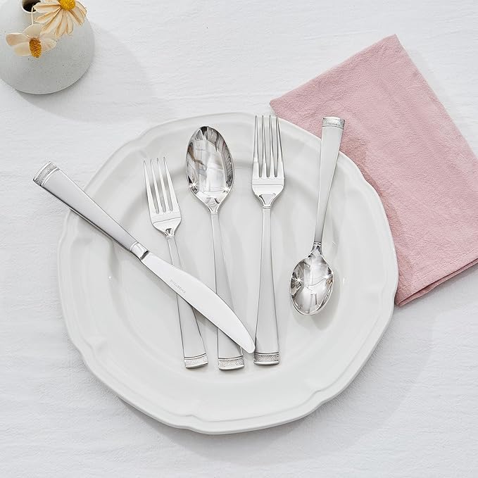 KINGSTONE Silverware Set, 65-Piece Flatware Set for 12, 18/10 Stainless Steel Cutlery Set with Bead Edge, Utensil for Kitchen, Home, Party, Wedding, Mirror Polished, Dishwasher Safe, Featured Gifts